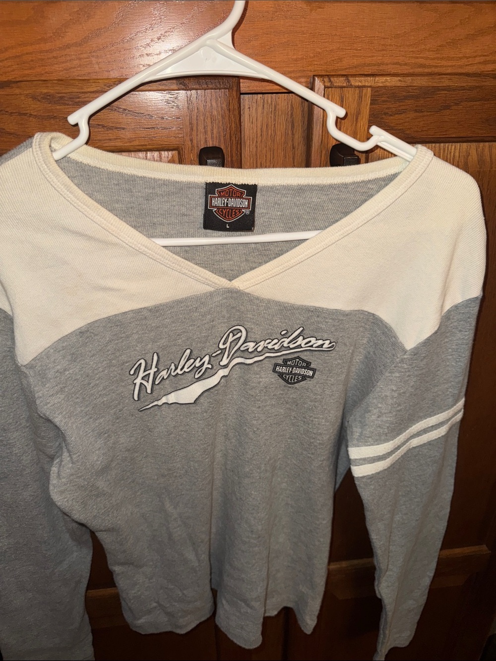 Harley-Davidson Gray and Cream V-Neck Pullover with Logo and Orange Sweater